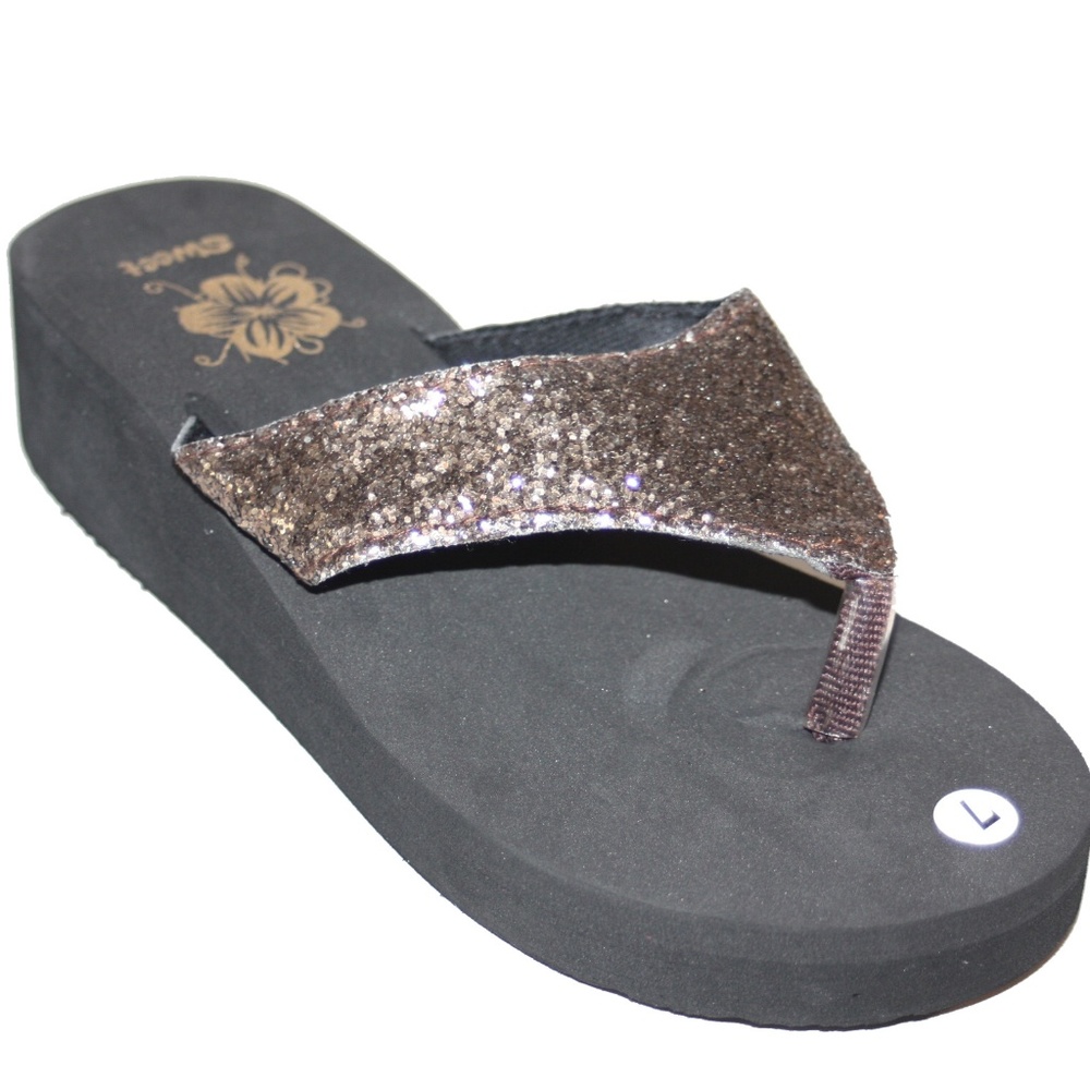 Sweet Glitter Black Flip Flop Wedge Sandals Bronze